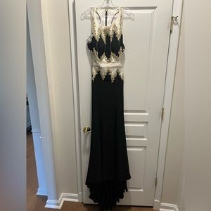 black gold white and rhinestone prom dress.